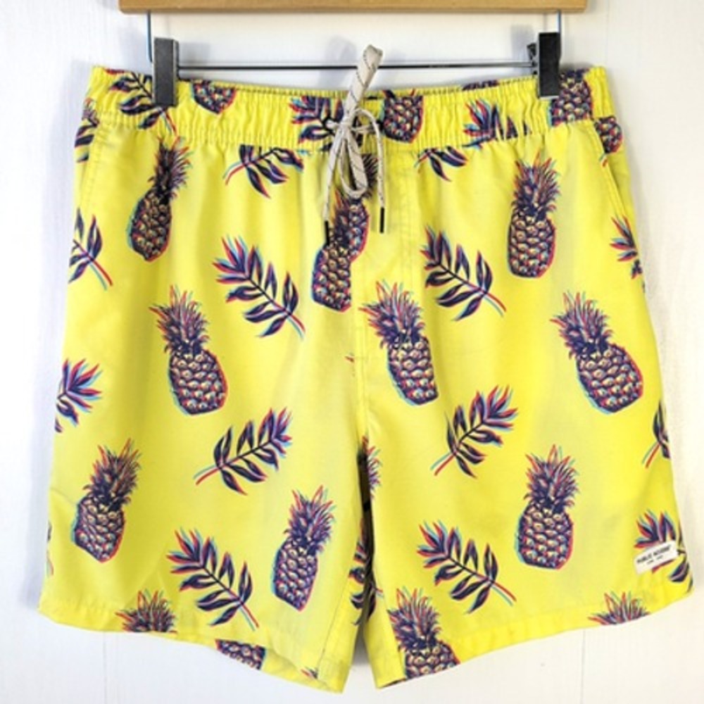Public Access Mens Pineapple Print Swim Trunks Yellow Tropical Shorts Medium